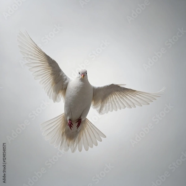 Fototapeta "A white dove in mid-air with soft shadows, giving a sense of depth against a plain white background."