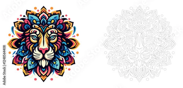 Fototapeta Vector drawing of an lion in mandala style for coloring book, vector illustrations for adults. Anti-stress coloring for adults. Lion in two versions, colored and black and white.