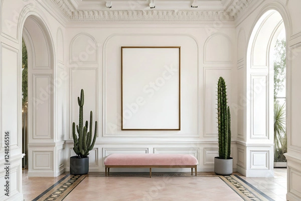 Fototapeta A minimalistic interior featuring a pink bench, cacti, and an empty frame against white walls, accentuated by elegant architectural details.