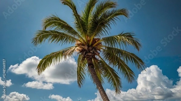 Obraz Palm Tree Against A Sunny Sky With Clouds