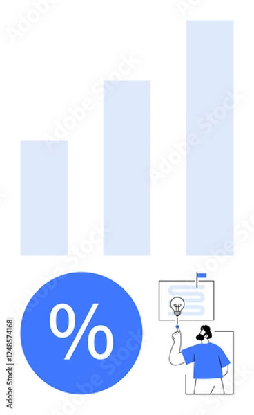 Fototapeta Businessperson using a pointer to present insights on a board with lightbulb icon, accompanied by bar chart and percentage symbol. Ideal for statistics, presentations, planning, finance, analysis