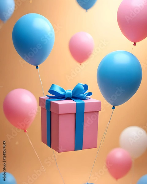 Fototapeta A pink gift box decorated with a blue ribbon, surrounded by blue and pink balloons scattered in the air, on a beige background. Feels elegant, fun and festive.
