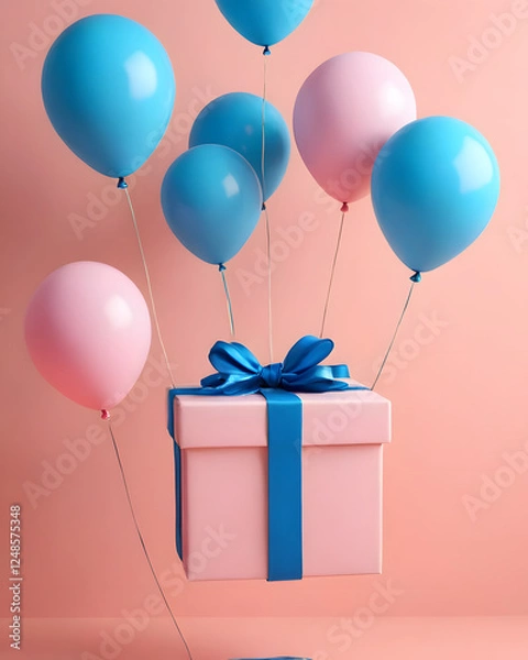 Fototapeta A pink gift box decorated with a blue ribbon, surrounded by blue and pink balloons scattered in the air, on a beige background. Feels elegant, fun and festive.