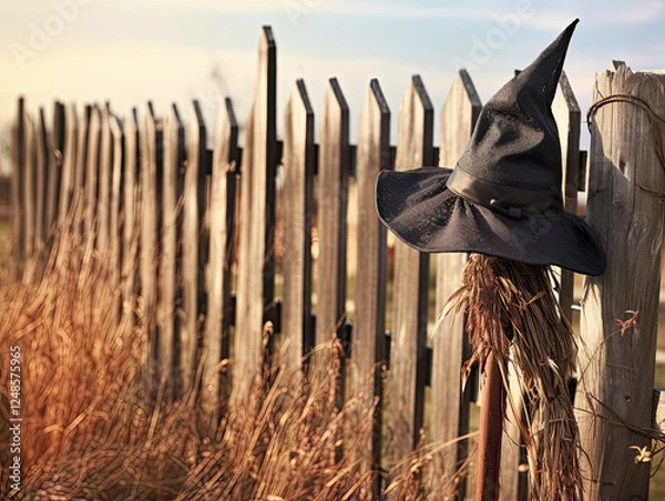 Fototapeta Witch's hat on a scarecrow by a rustic wooden fence in an autumn field