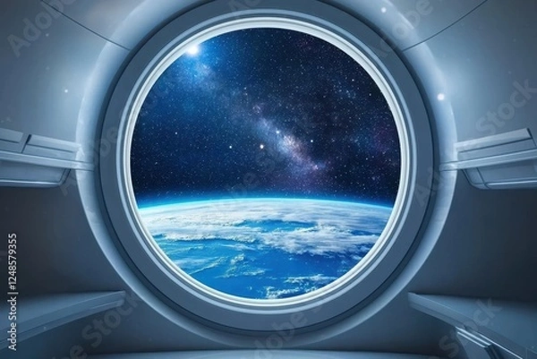 Fototapeta Earth view through spacecraft window with milky way galaxy and starry night sky, space station porthole perspective