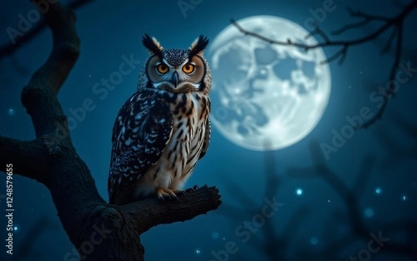 Fototapeta A majestic owl perched on a branch, illuminated by the glow of a full moon in a serene night sky.