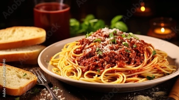 Fototapeta Elegant spaghetti bolognese presentation with crusty bread and drink