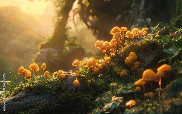 Fototapeta A cinematic shot of delicate chanterelle mushrooms growing on moss-covered logs, bathed in soft warm sunset light