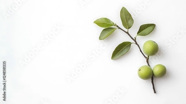 Fototapeta Green fruit on branch, white background, for food use