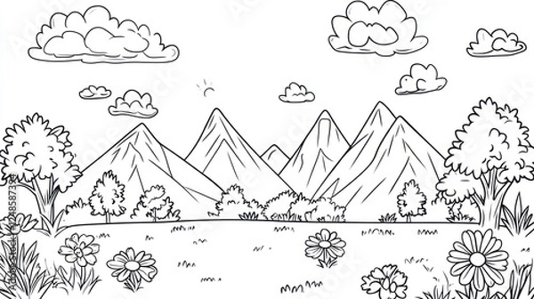 Fototapeta Mountainous landscape sketch, sunny day, flowers, clouds. Coloring book page