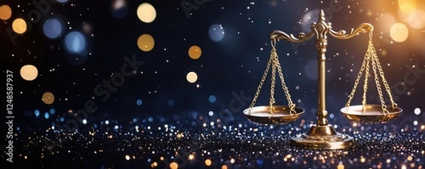 Fototapeta Golden scales of justice on sparkling background representing law and fairness, copy space for text