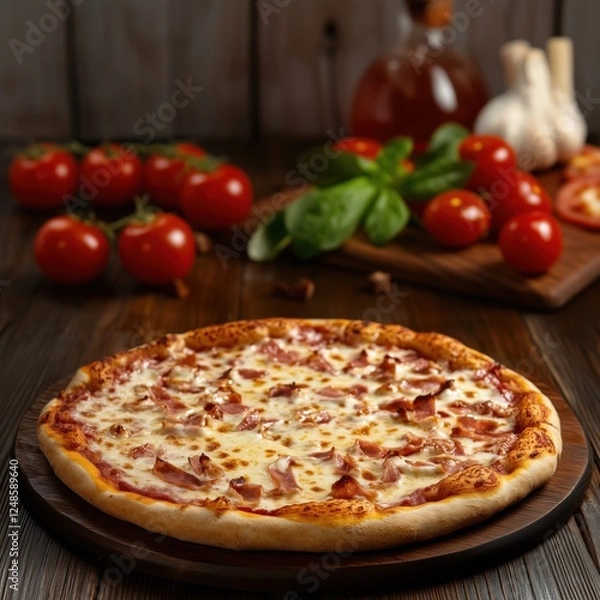 Fototapeta Delicious freshly baked pizza topped with cheese and ham on wooden table, copy space for text