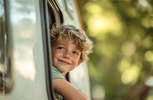 Fototapeta Smiling boy enjoying a road trip