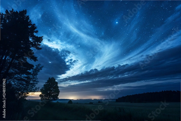 Fototapeta A serene night sky filled with swirling clouds and stars, framed by silhouettes of trees against a tranquil landscape.