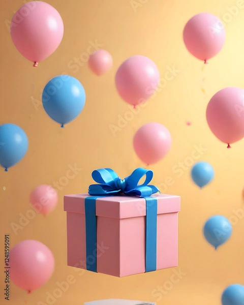 Fototapeta A pink gift box decorated with a blue ribbon, surrounded by blue and pink balloons scattered in the air, on a beige background. Feels elegant, fun and festive.