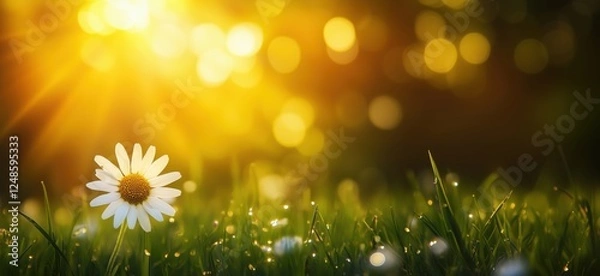 Fototapeta Daisy flower in sunlight with bokeh effect and dewdrops on grass, copy space for text