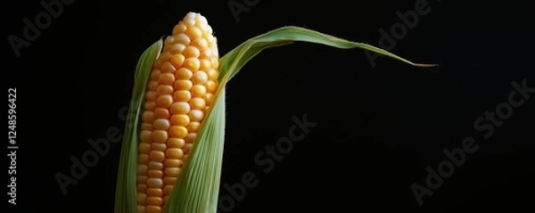 Fototapeta Fresh corn on the cob with vibrant yellow kernels against dark background, copy space for text