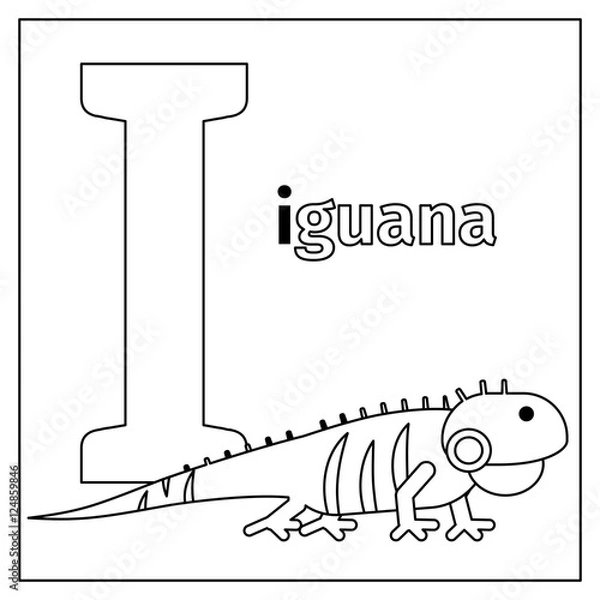 Fototapeta Coloring page or card for kids with English animals zoo alphabet. Iguana, letter I vector illustration
