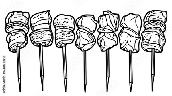 Obraz Eight meat skewers, food illustration, white background, recipe design