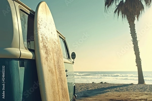 Obraz Vintage surfboard leaning on retro van at sunset beach with palm tree, nostalgic California surf lifestyle