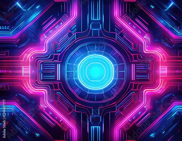 Fototapeta "Design a futuristic background with a cyberpunk aesthetic. Use vibrant neon lights in electric blue, purple, and pink against a dark, textured backdrop.