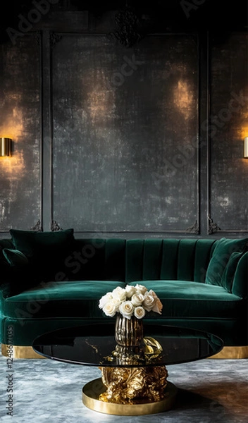 Fototapeta "A deep emerald green velvet sectional sofa with gold metallic legs, adding a touch of modern royalty to the space. A luxurious black glass coffee table with a sculpted metal base stands in front, hol
