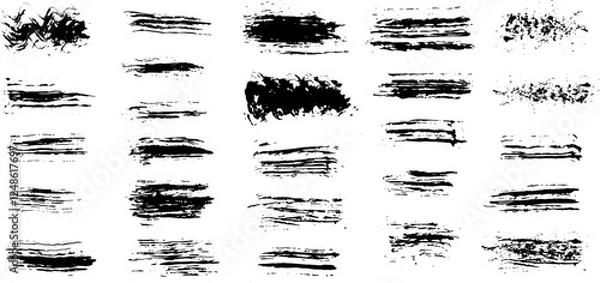 Fototapeta Black dried paint splattered dirty style. Stock image of Isolated ink stencils for graphic design, text fields. Artistic brush strokes, splatter stains, paintbrush, overlay