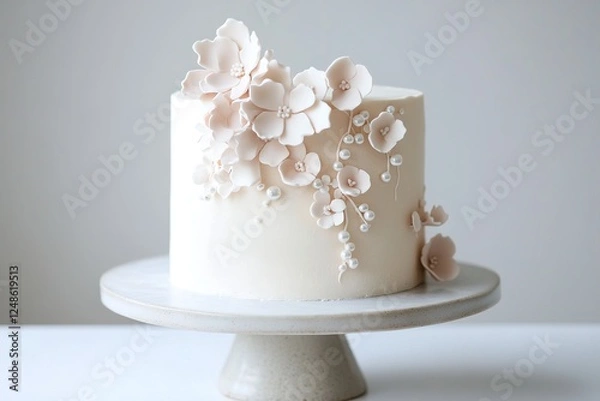 Obraz A stunning vanilla cake in soft blush tones features handcrafted sugar flowers cascading down one side. Edible pearls enhance its elegance, perfect for celebrations