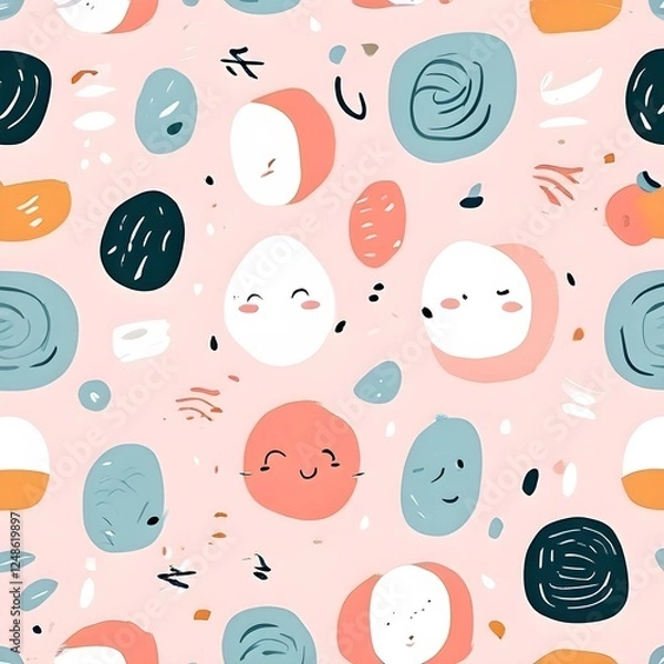 Fototapeta abstract illustration of seamless pattern of whimsical hand-drawn shapes and icons in soft pastel hues