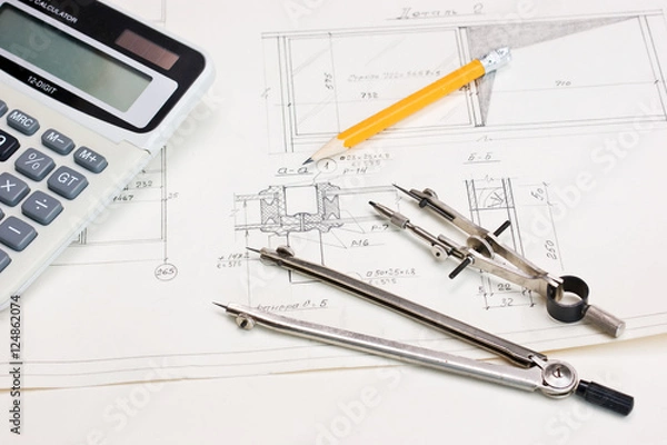 Obraz technical drawings and  calculator