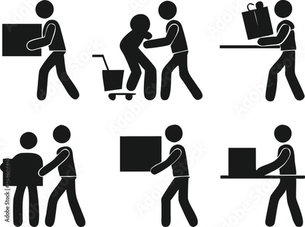 Fototapeta A collection of simple stick figure illustrations depicting various scenarios of teamwork in logistics, showing people carrying boxes, packages, and items.