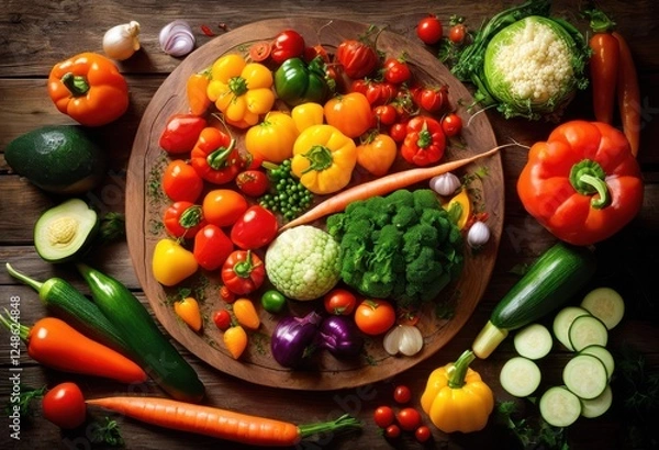 Obraz vibrant colorful display fresh seasonal vegetables arranged meticulously texture style inviting culinary presentation, arrangement, composition, freshness