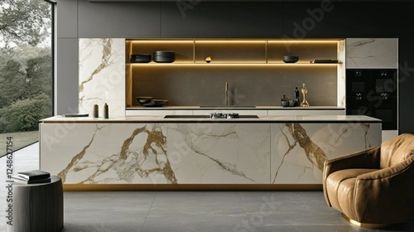 Fototapeta Luxury Modern Kitchen Design with Marble Island and Gold Accents