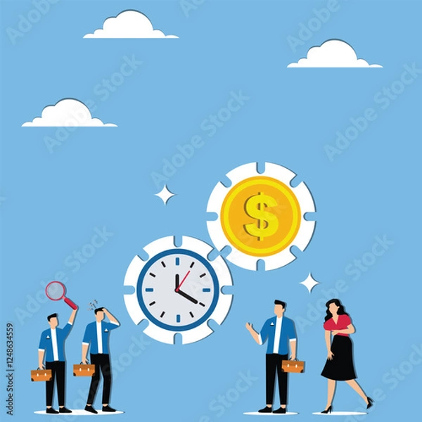 Fototapeta Business and time management, time is money, a group of businessmen beside the equidistant time and money cogs