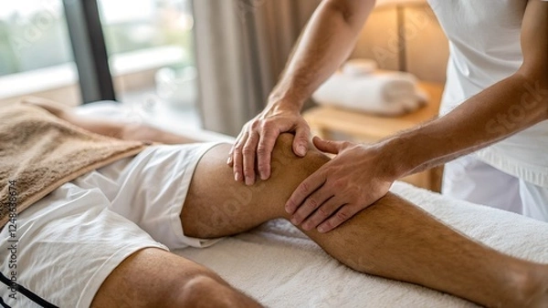 Obraz A physiotherapist carefully examines and massages a patient's knee, helping with joint mobility and recovery. A professional rehabilitation and physical therapy session.