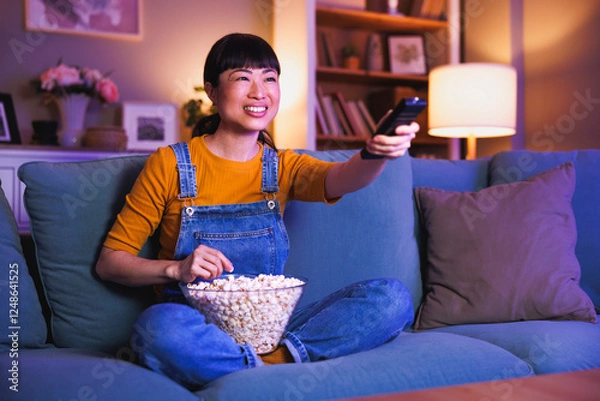 Fototapeta Woman turning on TV using remote control while relaxing at home late at night