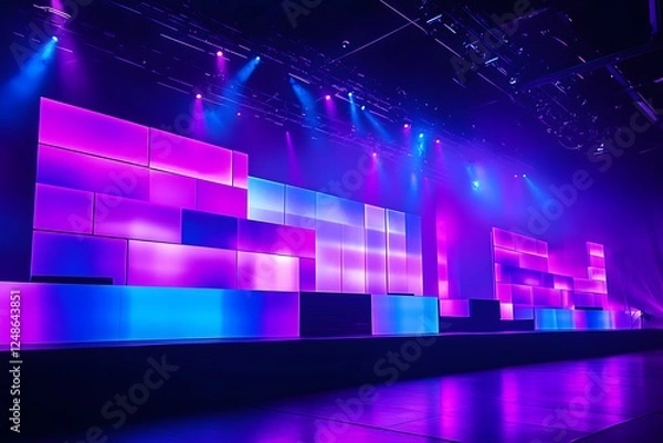 Fototapeta Illuminated stage backdrop, convention center, event lighting, purple blue panels, empty