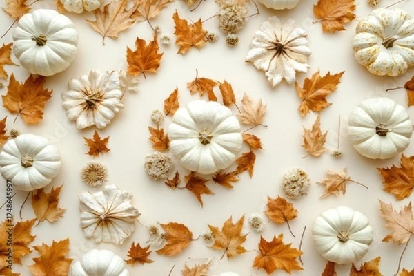 Fototapeta elegant autumn flat lay featuring dried maple leaves, miniature white pumpkins, and dried wildflowers arranged in spiral pattern on cream background