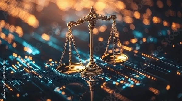 Obraz Golden scales of justice on a glowing cyber network background, symbolizing AI ethics and digital law