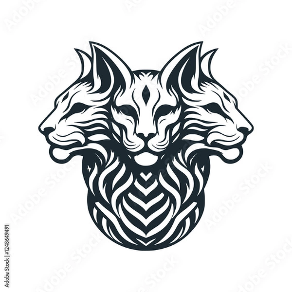 Obraz The lynx cat with three head. black white illustration. vector symbol.