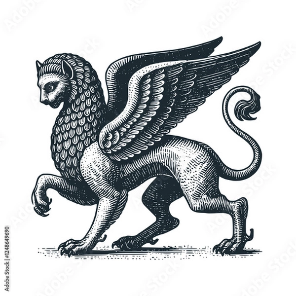 Obraz The hand drawn of ancient myth of chimera lion. black white illustration. vector symbol.