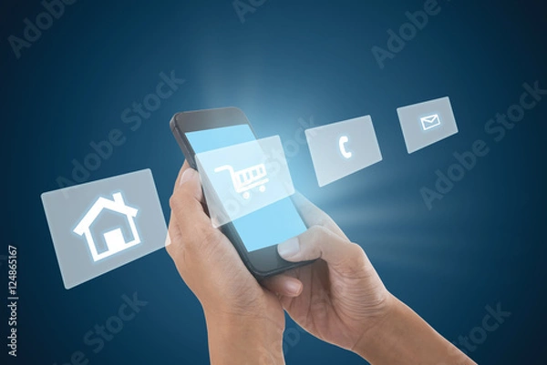 Fototapeta hand touching screen smartphone in hand, technology social media concept