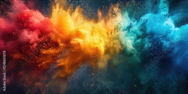Fototapeta A dynamic burst of colorful Holi powder fills the air, creating an abstract display of reds, yellows, and blues. This joyous event celebrates the arrival of spring and unity among people