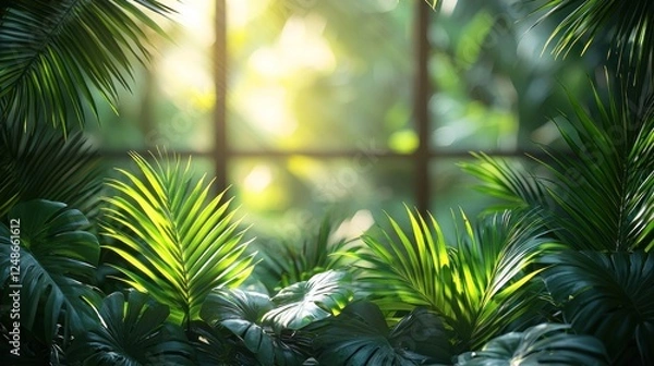 Fototapeta Lush green foliage illuminated by sunlight streaming through a window, creating a serene indoor garden atmosphere