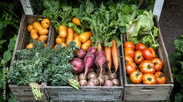 Fototapeta Assorted root vegetables in crates, symbolising farm-fresh produce and healthy eating, use for agriculture, nutrition, and farmers markets promotion.