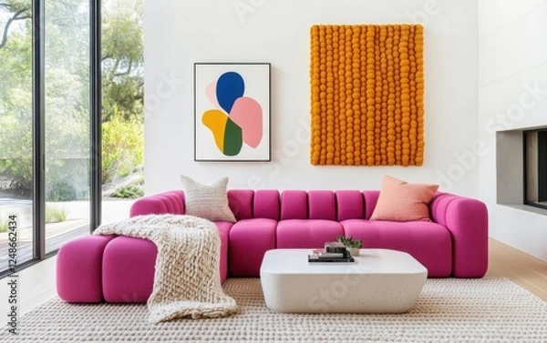 Obraz Bold artistic living room with a fuchsia pink modular sofa, thick knitted wool blanket, sculptural orange textured accent wall, floating terrazzo coffee