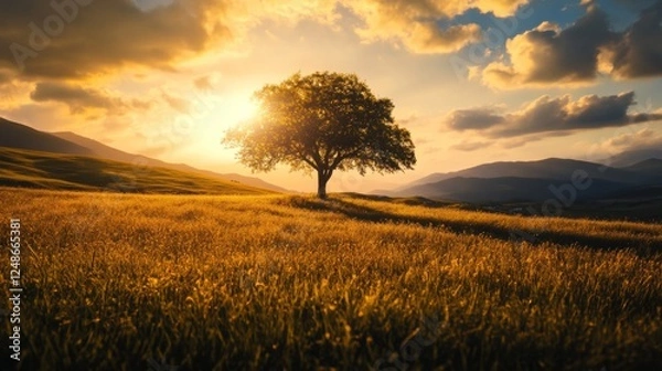 Fototapeta Golden meadow with a lone tree at sunset
