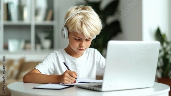 Fototapeta A young boy with blonde hair wears headphones while studying at a laptop, focused on his work in a bright, modern environment.