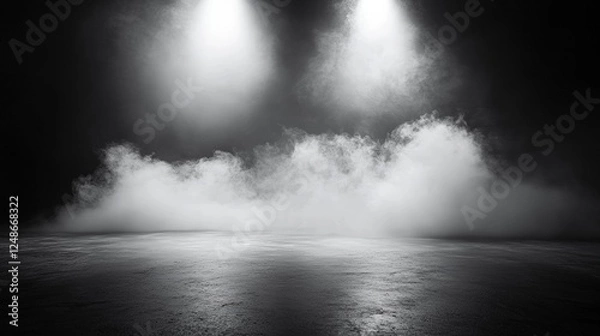 Fototapeta Black Background with Fog and Smoke Under Spotlight Creating Dramatic Atmosphere for Photography, Theater, and Video Productions