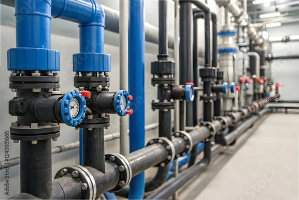 Fototapeta A network of industrial pipes featuring blue and black components, showcasing valves and fittings in a modern facility.